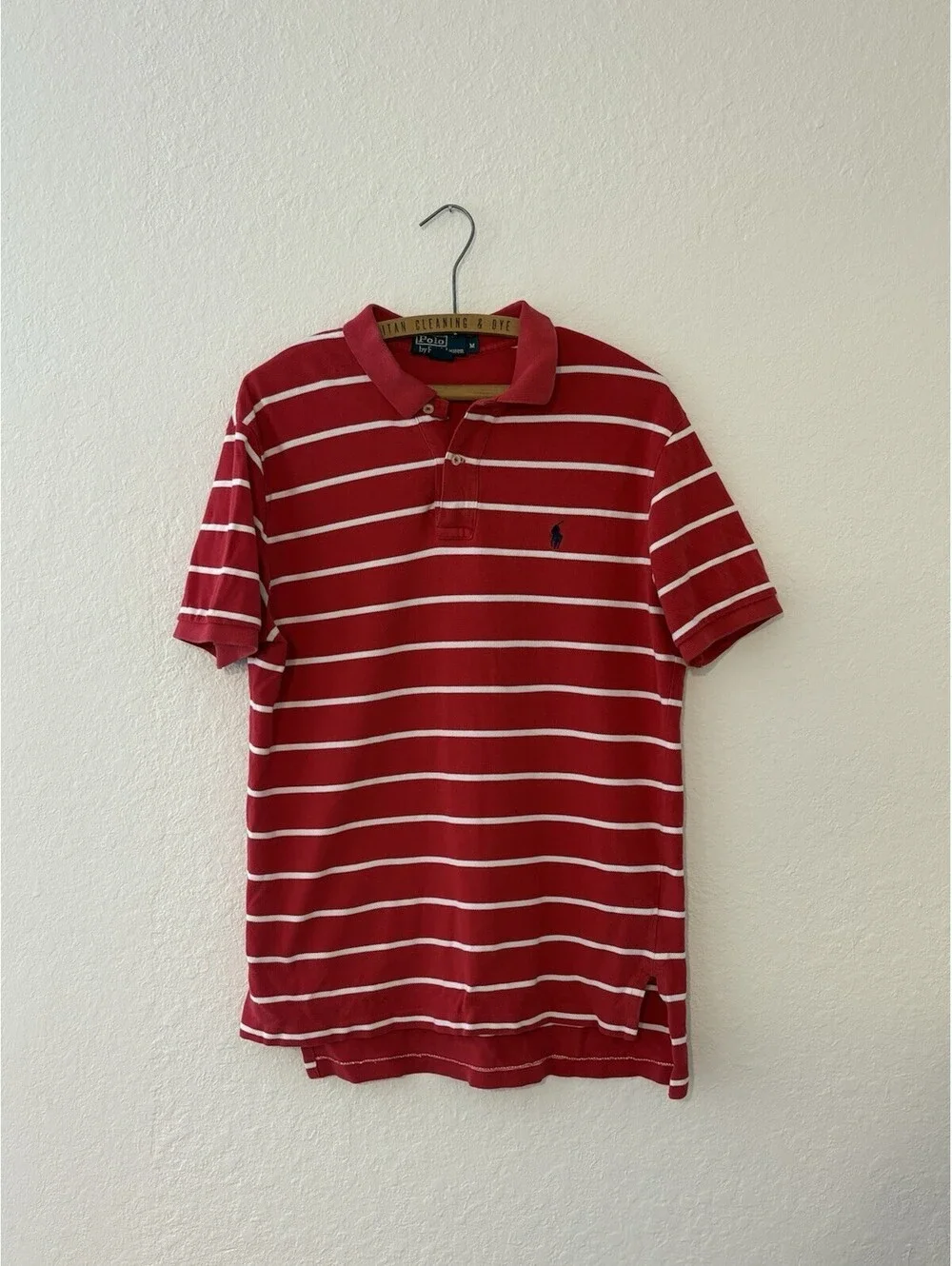 Polo Ralph Lauren Mens Medium Red White Striped Short Sleeve Pique Polo Shirt